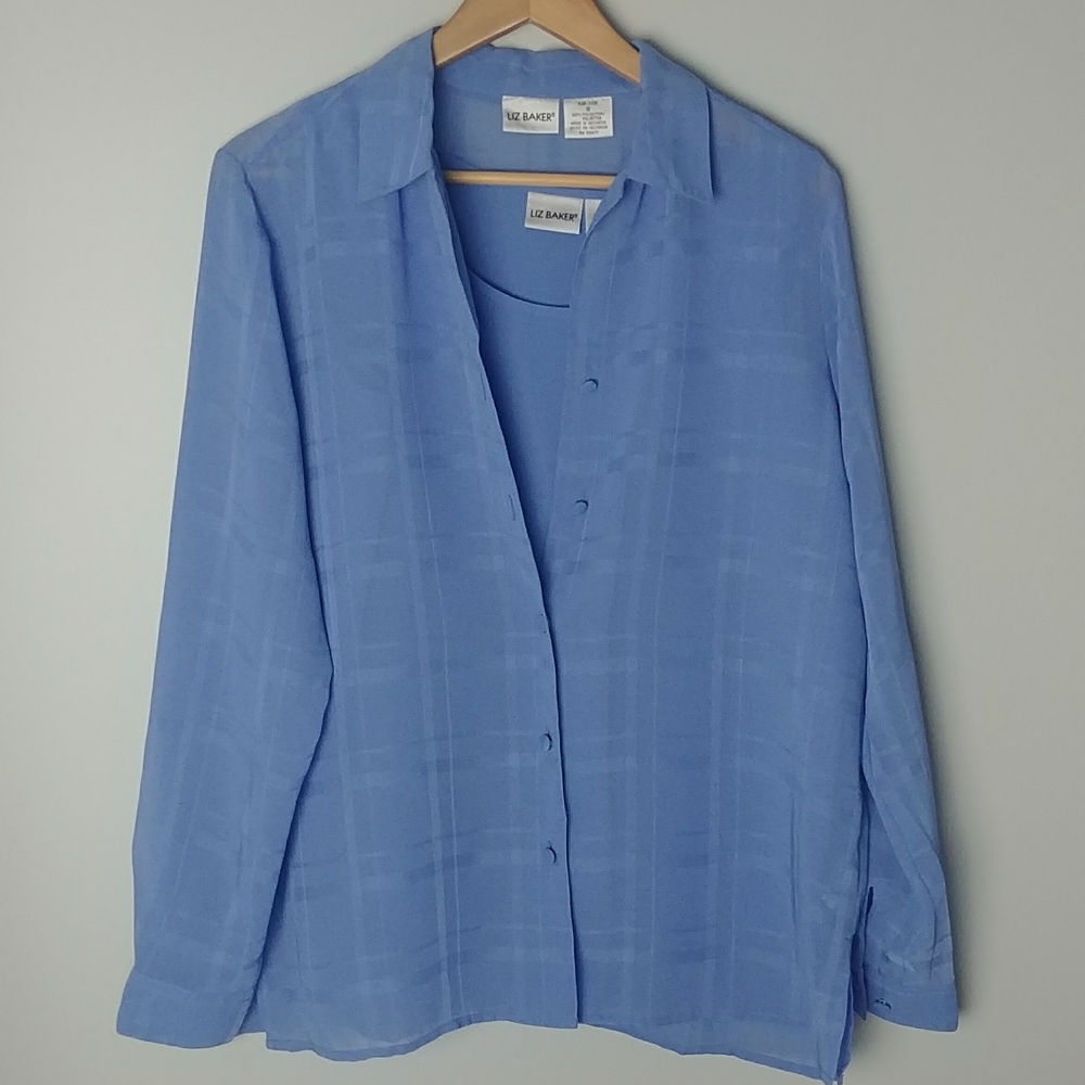 Liz Baker Two Piece Blue Patterned Vest and Blouse